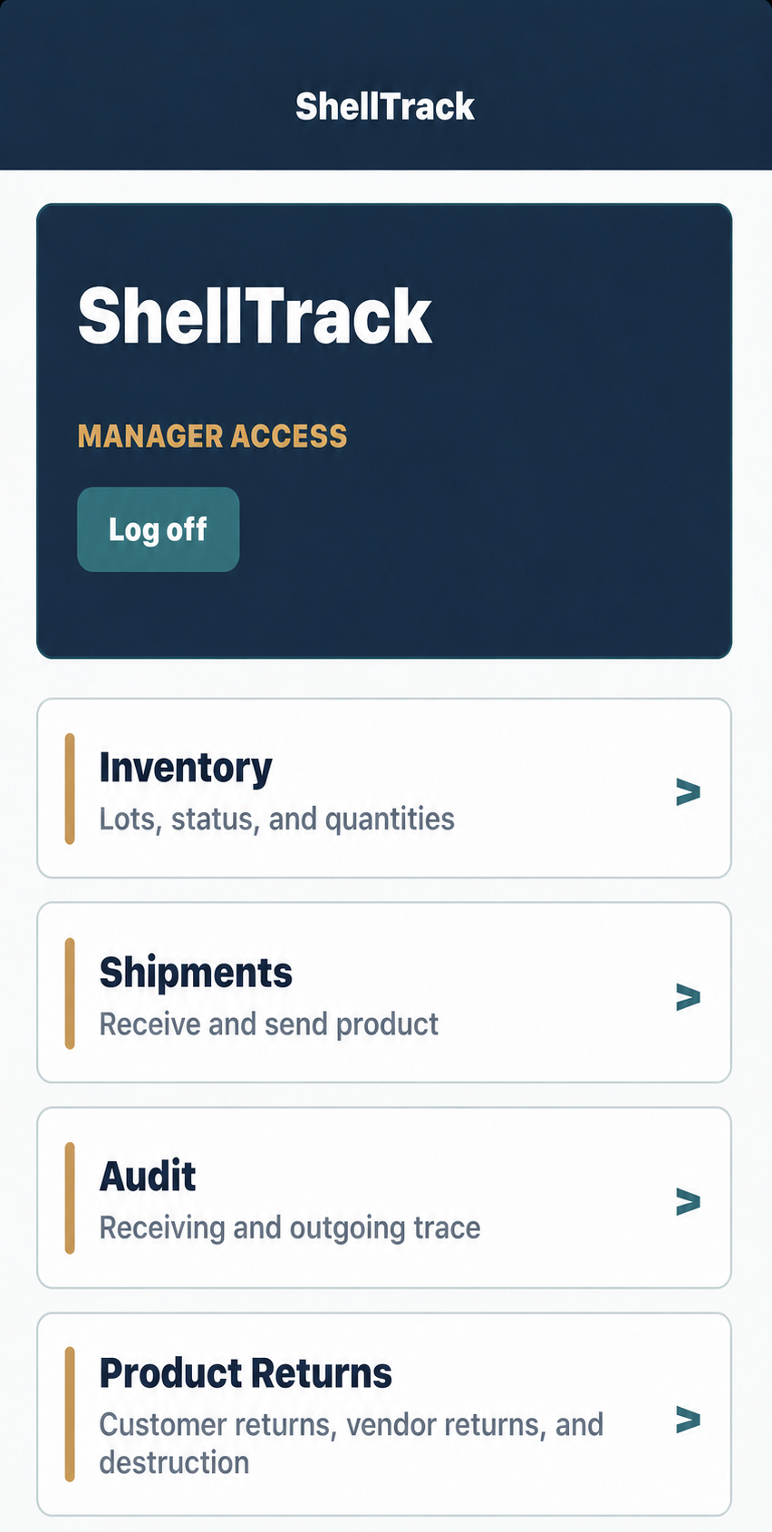 ShellTrack manager dashboard showing inventory, shipments, audit, and product returns